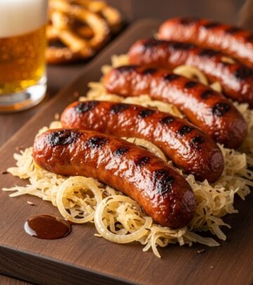 Grilled bratwurst meets tangy sauerkraut and a sweet, malty beer glaze in this classic cookout favorite for every occasion.