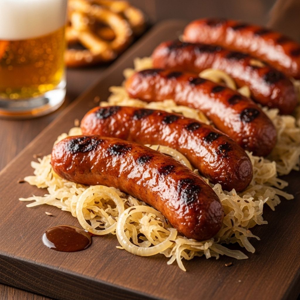 Beer-Glazed Brats and Sauerkraut: An Ultimate Flavorful Feast Grilled bratwurst meets tangy sauerkraut and a sweet, malty beer glaze in this classic cookout favorite for every occasion.