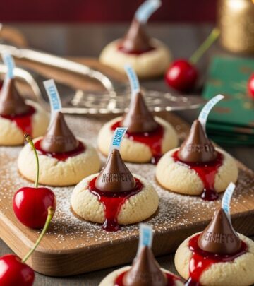 Brighten the holidays with these irresistible cherry and chocolate cookies topped with a signature Hershey's Kiss.