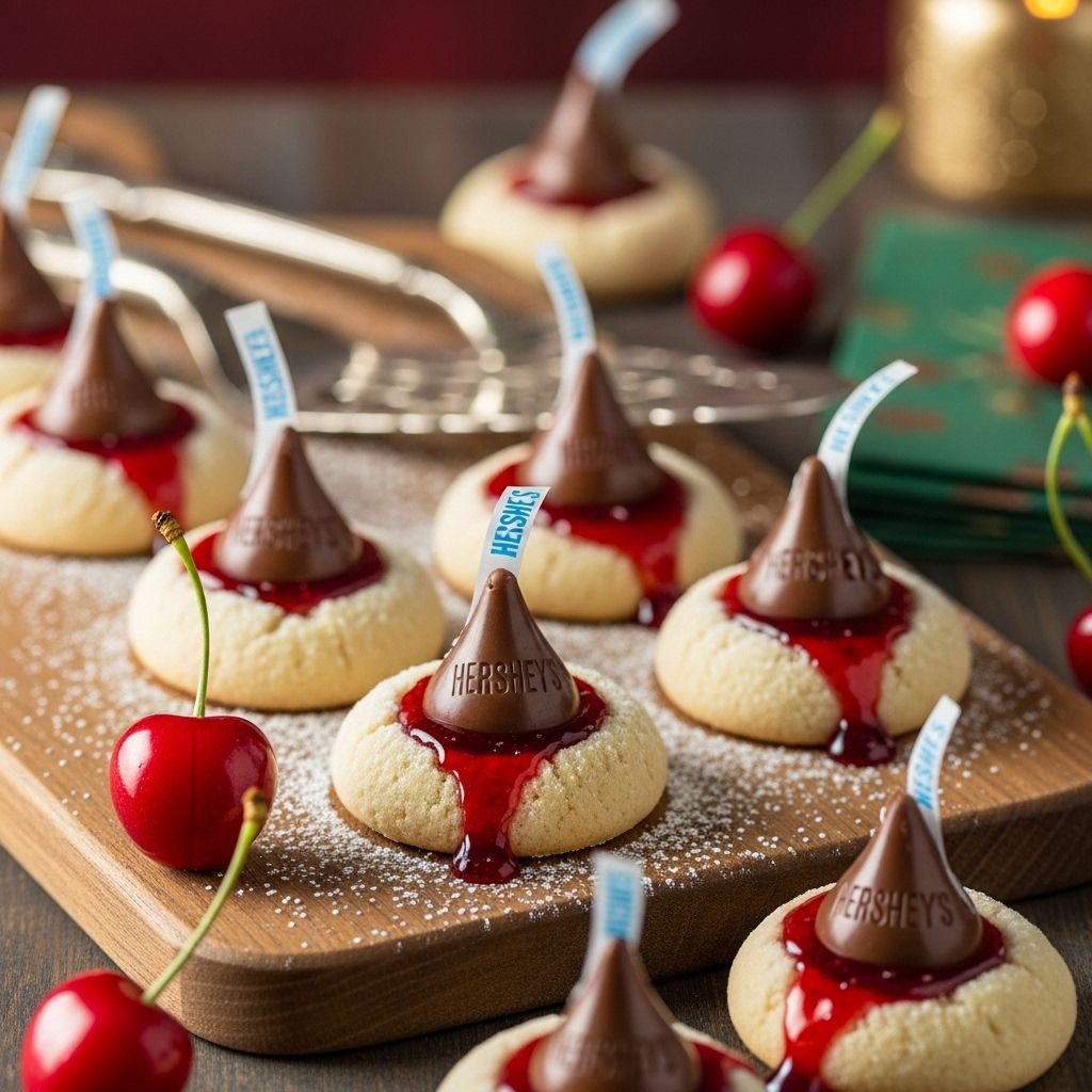 Cherry Cordial Kiss Cookies: A Delectable Festive Treat Brighten the holidays with these irresistible cherry and chocolate cookies topped with a signature Hershey's Kiss.