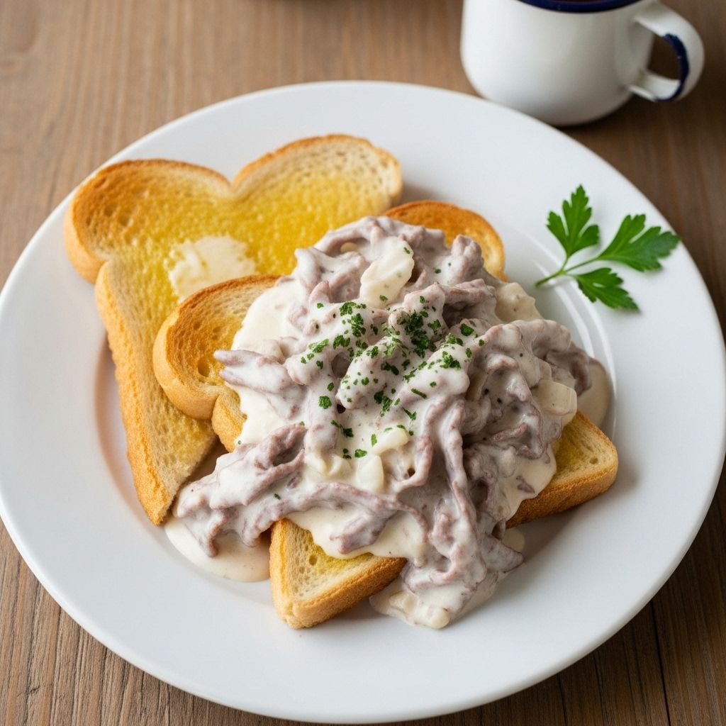 A nostalgic, creamy, and satisfying comfort dish made with dried beef and rich gravy served over crisp toast.