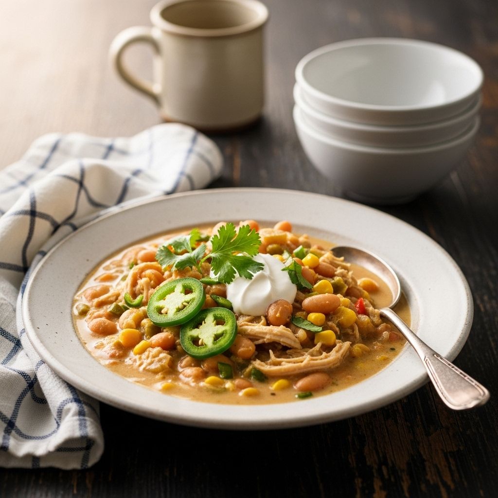 Discover a simple, comforting white chicken chili brimming with tender meat, beans, and warming spices—all made in one pot.