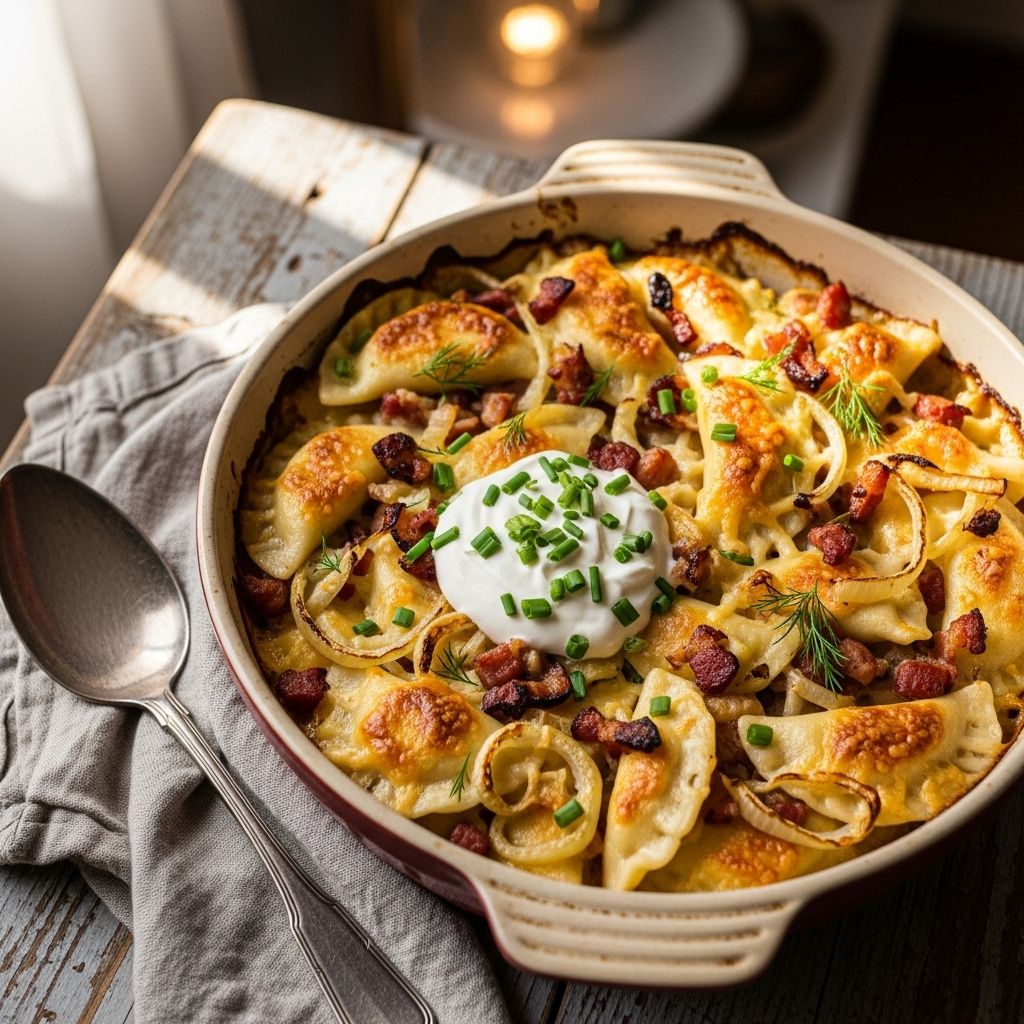 Quick Pierogies Casserole: Potato-Filled Pasta Pockets for Effortless Comfort Food A hearty and speedy casserole version of classic potato pierogies that satisfies cravings with minimal prep and maximum flavor.