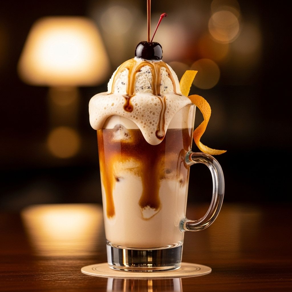Experience the nostalgic charm of a root beer float reimagined for adults, blending creamy vanilla ice cream with boozy flavors for a unique treat.